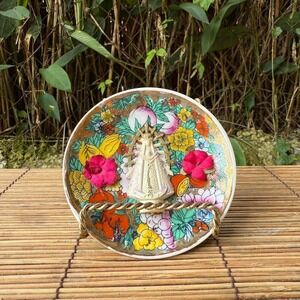 Vintage Religious Decorative Plate Virgin‎ Mary Floral Small 4" 3D